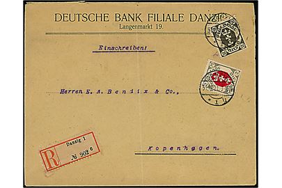 20 pfg. og 2 mk. Våben på anbefalet brev fra Danzig d. 31.12.1921 til København, Danmark.
