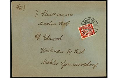 15 pfg. Våben single på brev fra Danzig-Neufahwasser d. 19.12.1928 til sømand ombord på S/S Eduard i Holtenau b/ Kiel, Tyskland.