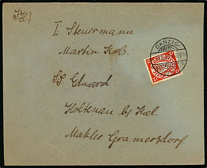 15 pfg. Våben single på brev fra Danzig-Neufahwasser d. 19.12.1928 til sømand ombord på S/S Eduard i Holtenau b/ Kiel, Tyskland.