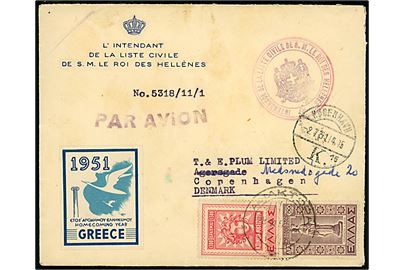 600 dr. og 1300 dr. på luftpost tjenestebrev fra l'intendant de la liste civil de S. M. le Roi des Hellénes d. 28.6.1951 til København, Danmark - eftersendt.
