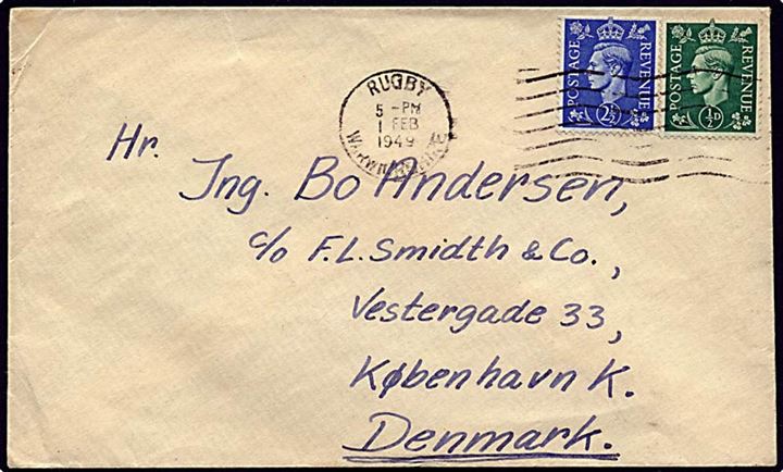 2 1/2 og 1/2 pence på brev fra RUGBY, England, d. 1.2.1949 til København.