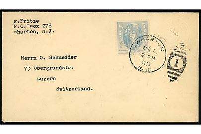 1 cent Franklin ALBINO helsagskuvert opfrankeret med 5 cents fra Wharton N.J. d. 6.4.1938 til Luzern, Schweiz.
