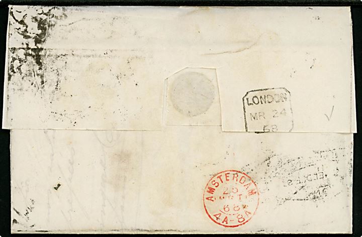 1d pl. 87 (2) og 6d pl. 6 Victoria på brev fra London d. 27.3.1868 til Amsterdam, Holland. 