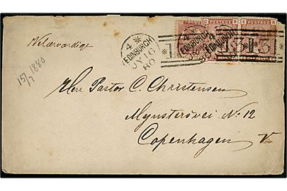 ½d og 1d (par) Victoria på brev annulleret med duplex Edinburgh/131 d. 16.7.1880 til Kjøbenhavn, Danmark. Nusset.
