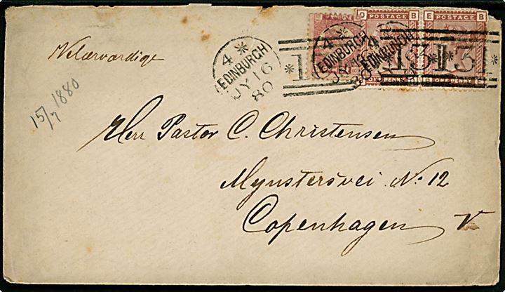 ½d og 1d (par) Victoria på brev annulleret med duplex Edinburgh/131 d. 16.7.1880 til Kjøbenhavn, Danmark. Nusset.