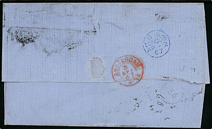 2d pl. 9 og 3d pl. 4 Victoria på brev fra London d. 2.4.1867 til Amsterdam, Holland. 