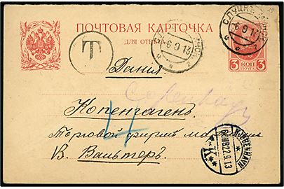 3 kop. Romanov helsagsbrevkort sendt underfrankeret fra Slutzk Minsk. d. 6.9.1913 til København, Danmark. Sort T-stempel og udtakseret i 4 øre porto.
