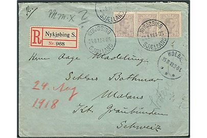 15 øre Chr. X i 3-stribe på anbefalet brev fra Nykjøbing Sjælland d. 24.8.1918 til Malans, Schweiz.