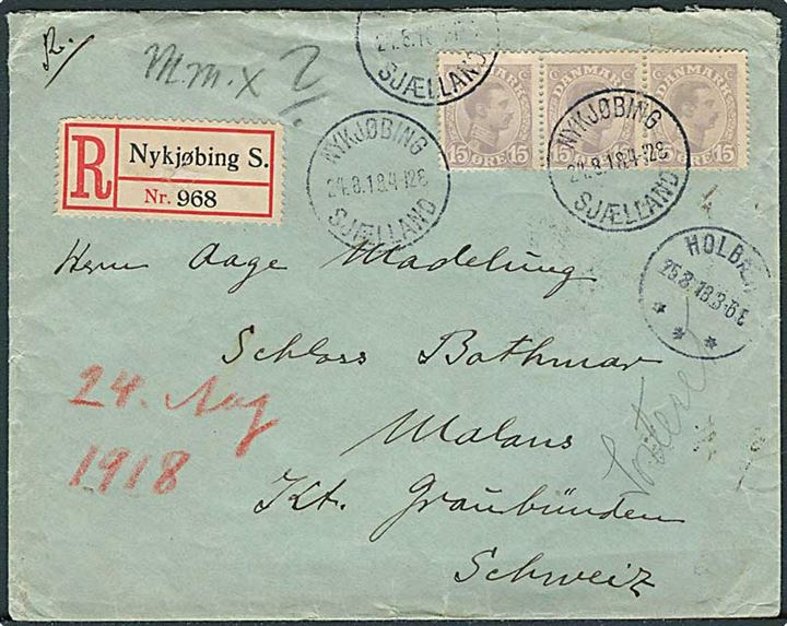 15 øre Chr. X i 3-stribe på anbefalet brev fra Nykjøbing Sjælland d. 24.8.1918 til Malans, Schweiz.