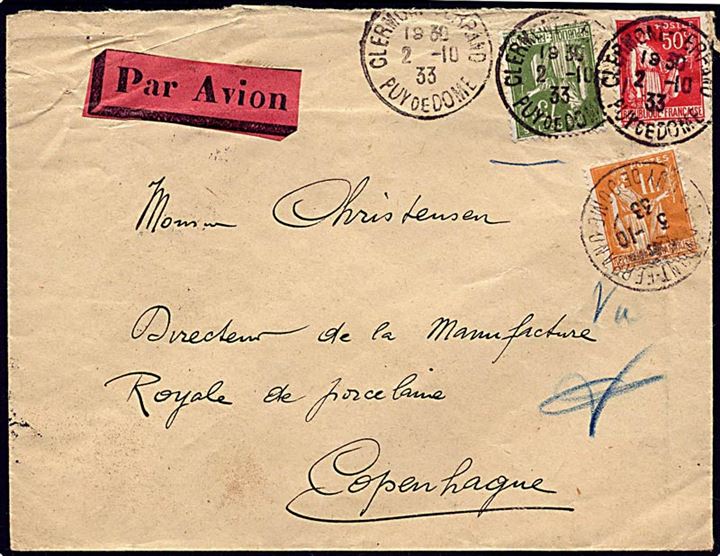 2,25 Franc på luftpostbrev fra Clermont d. 2.10.1933 til København.