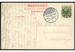 5 øre Fr. VIII på brevkort annulleret med stjernestempel JYDSTRUP og sidestemplet Ringsted d. 8.3.1909 til Fredensborg.