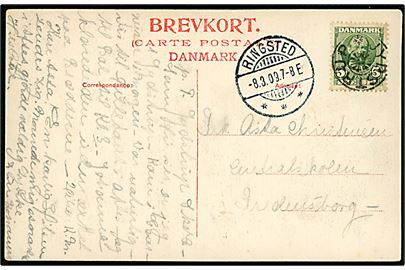 5 øre Fr. VIII på brevkort annulleret med stjernestempel JYDSTRUP og sidestemplet Ringsted d. 8.3.1909 til Fredensborg.