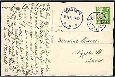15 øre Karavel på brevkort annulleret med udslebet stjernestempel VORLADEGAARD og sidestemplet Skanderborg d. 15.10.1940 til Horsens.
