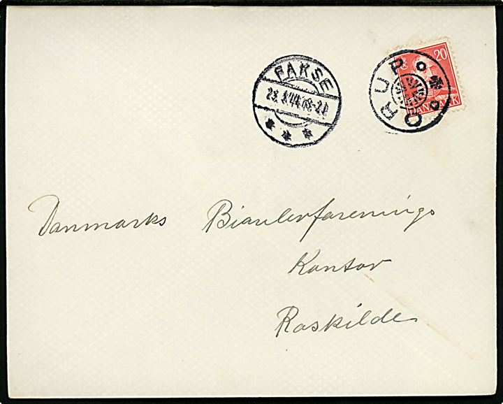 20 øre Chr. X på brev annulleret med stjernestempel ORUP og sidestemplet Fakse d. 23.3.1944 til Roskilde.