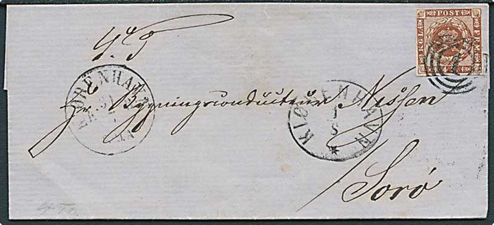 4 sk. 1858 udg. på brev annulleret med nr.stempel 1 og sidestemplet Kjøbenhavn d. 31.7.1861 og overnatningsstempel Kiøbenhavn d. 1.8.1861 til Sorø.
