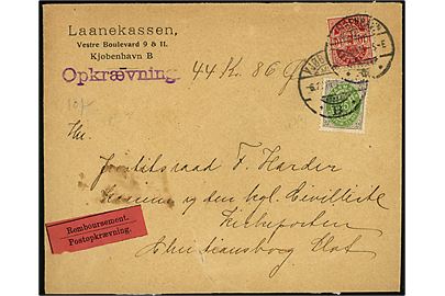 10 øre Våben og 25 øre Tofarvet på lokalbrev med postopkrævning fra Kjøbenhavn d. 6.12.1905. Rift.