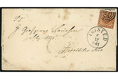KRO-POST. 4 sk. 1858 udg. på brev fra Thisted Amts Veiinspection annulleret med nr.stempel 72 og sidestemplet antiqua Thisted d. 6.12.1861 til Gæstgiver Laursen, Ridder af Dannebrog, Fjerritslev Kro.