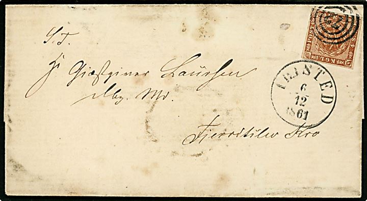 KRO-POST. 4 sk. 1858 udg. på brev fra Thisted Amts Veiinspection annulleret med nr.stempel 72 og sidestemplet antiqua Thisted d. 6.12.1861 til Gæstgiver Laursen, Ridder af Dannebrog, Fjerritslev Kro.