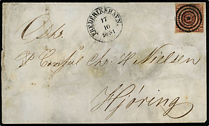 4 R.B.S. Ferslew på brev annulleret med tydeligt stumt stempel og sidestemplet 1½ rings Frederikshavn. d. 17.10.1851 til Hjørring. 