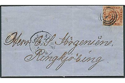 4 sk. stukken kant på brev annulleret med nr.stempel 1 og sidestemplet Kiøbenhavn K.B. d. 5.4.1864 til Ringkjøbing. 