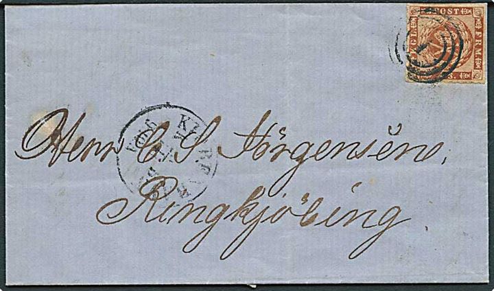 4 sk. stukken kant på brev annulleret med nr.stempel 1 og sidestemplet Kiøbenhavn K.B. d. 5.4.1864 til Ringkjøbing. 