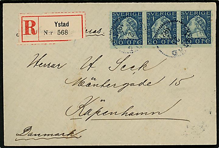 20 öre Gustaf II Adolf i 3-stribe på anbefalet brev fra Ystad d. 21.2.1921 til København, Danmark.