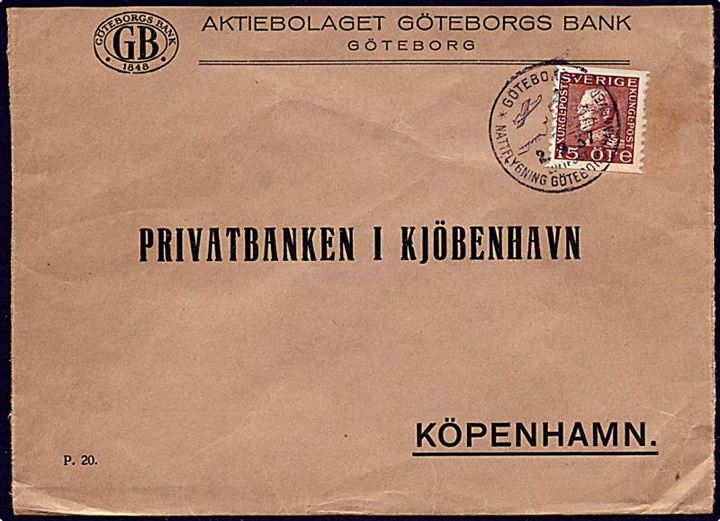 15 øre brun Gustav V på luftpostbrev Götebord d. 2.9.1937 til København. Natflyvning Göteborg - Hannover.