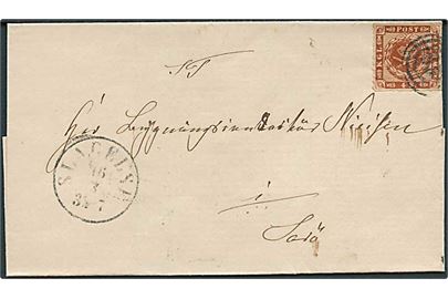 4 sk. stukken kant på brev annulleret med nr.stempel 65 og sidestemplet antiqua Slagelse d. 16.3.1864 til Sorø.