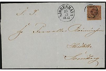 4 R.B.S. Ferslew på brev annulleret med nr.stempel 1 og sidestemplet antiqua Kiøbenhavn d. 23.12.1852 til Hvidkilde pr. Svendborg.