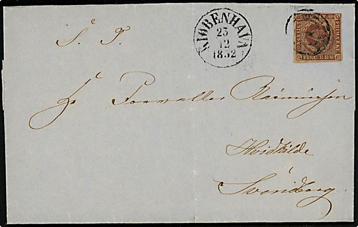 4 R.B.S. Ferslew på brev annulleret med nr.stempel 1 og sidestemplet antiqua Kiøbenhavn d. 23.12.1852 til Hvidkilde pr. Svendborg.