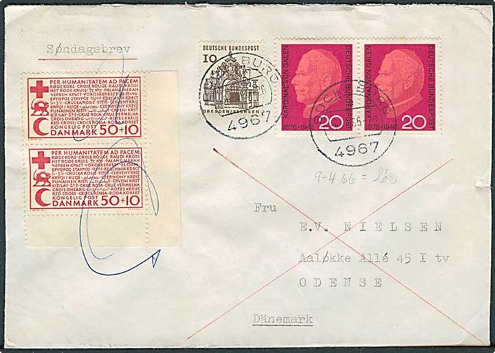 Tysk 50 pfg. blandingsfrankeret brev opfrankeret med 50+10 øre Røde Kors i parstykke og sendt som søndagsbrev fra Bückeburg d. 9.4.1966 til Odense, Danmark.