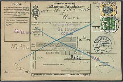 10 øre Bølgelinie og 35 øre Chr. X på retur Indkasserings-Postanvisning fra Odense d. 14.2.1924 til Skive.