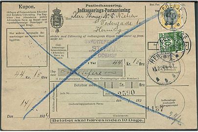 10 øre Bølgelinie og 35 øre Chr. X på retur Indkasserings-Postanvisning fra Odense d. 14.2.1924 til Herning.