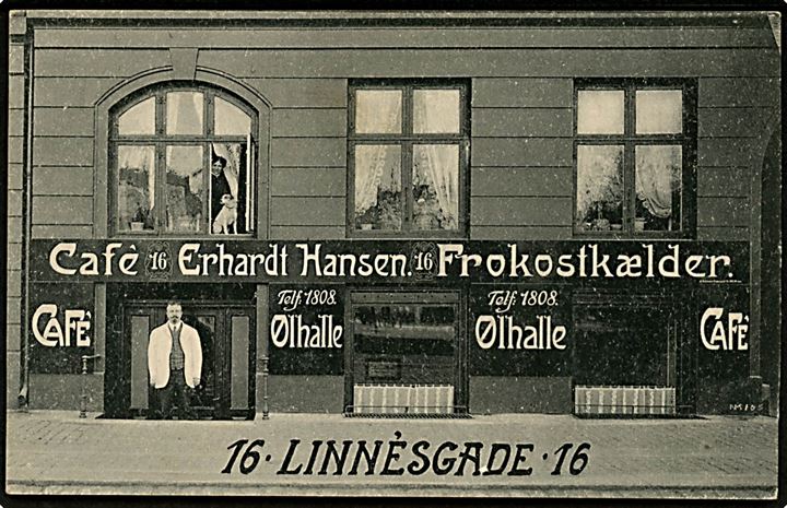 Linnésgade 16 med Erhardt Hansen’s Café og Frokost-kælder. Reklamekort u/no. Kvalitet 9