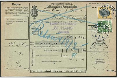 10 øre Bølgelinie og 35 øre Chr. X på retur Indkasserings-Postanvisning fra Odense d. 11.2.1924 til Sønder Vilstrup.