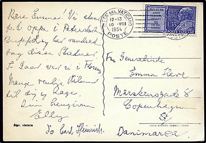 1,35 Lire på postkort fra Vartikanet d. 16.9.1954 til København.