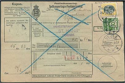 10 øre Bølgelinie og 35 øre Chr. X på retur Indkasserings-Postanvisning fra Odense d. 14.2.1924 til Vejle.