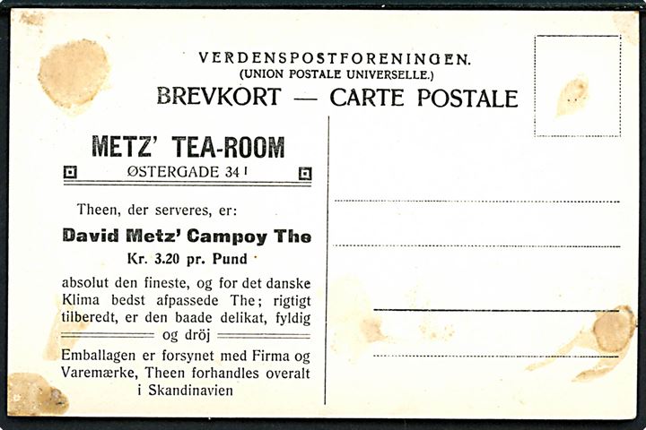 Østergade 34 interiør fra “Metz Tea-Room”. Reklamekort med fortrykt tekst. U/no. Kvalitet 8a