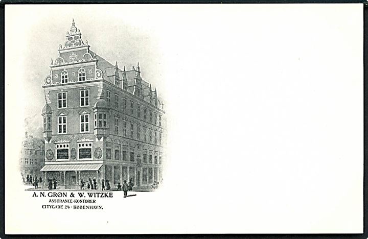 Citygade 24 A. N. Grøn & W. Witzke Assurancekontorer. Reklamekort med bygning i ca. 1890’erne. U/no. Kvalitet 9