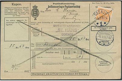 30 øre Chr. X på retur Indkasserings-Postanvisning fra Odense d. 3.1.1925 til Skamby.