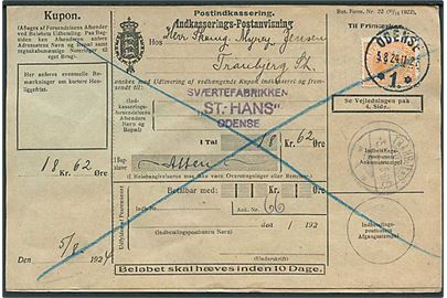 30 øre Chr. X på retur Indkasserings-Postanvisning fra Odense d. 5.8.1924 til Tranbjerg.