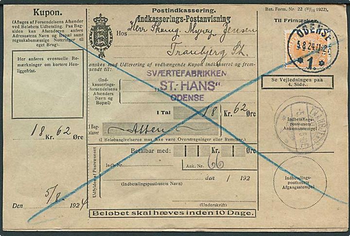 30 øre Chr. X på retur Indkasserings-Postanvisning fra Odense d. 5.8.1924 til Tranbjerg.