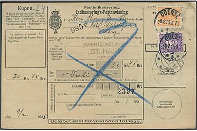 30 øre Chr. X og 15 øre Chr. X Postjubilæum på retur Indkasserings-Postanvisning fra Odense d. 9.2.1925 til Viborg.