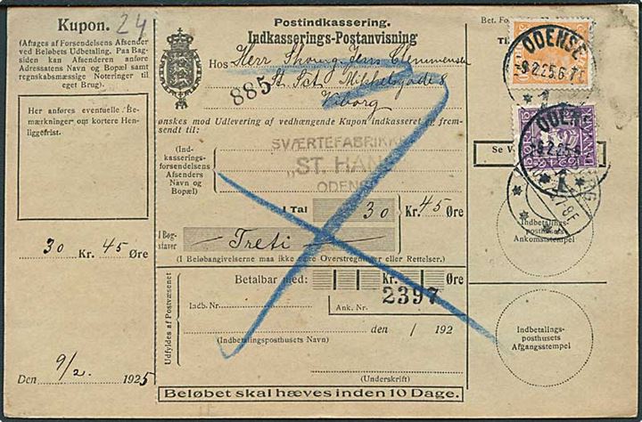 30 øre Chr. X og 15 øre Chr. X Postjubilæum på retur Indkasserings-Postanvisning fra Odense d. 9.2.1925 til Viborg.