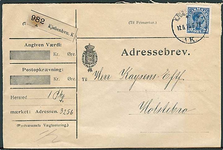 20 øre Chr. X på adressebrev for pakke fra Kjøbenhavn d. 12.6.1915 til Holstebro.