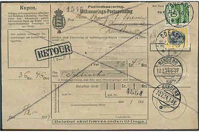 10 øre Bølgelinie og 35 øre Chr. X på retur Indkasserings-Postanvisning fra Odense d. 11.2.1924.