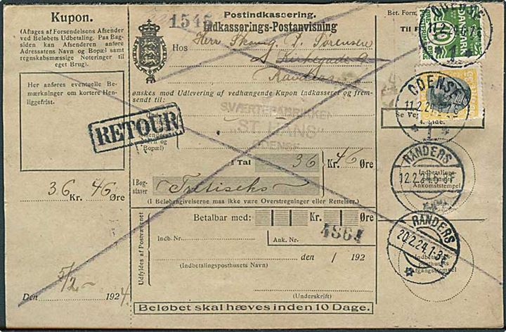 10 øre Bølgelinie og 35 øre Chr. X på retur Indkasserings-Postanvisning fra Odense d. 11.2.1924.
