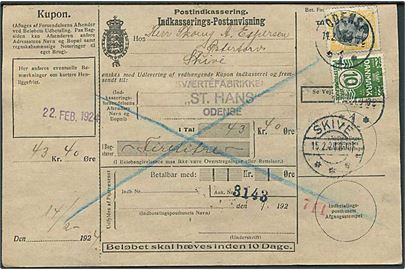 10 øre Bølgelinie og 35 øre Chr. X på retur Indkasserings-Postanvisning fra Odense d. 11.2.1924 til Skive.
