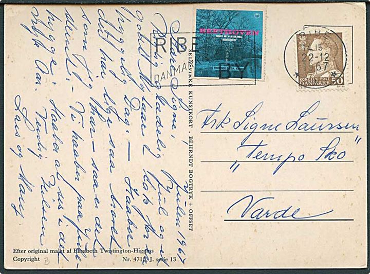 50 øre Fr. IX og Beethoven mærkat på brevkort fra Ribe d. 22.12.1967 til Varde.