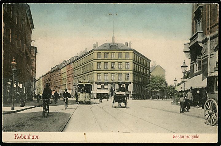 Vesterbrogade ved Frederiksberg Allé med sporvogn linie 2 vogn 46. A. Vincent no. ?28. Anvendt 1914. Kvalitet 7